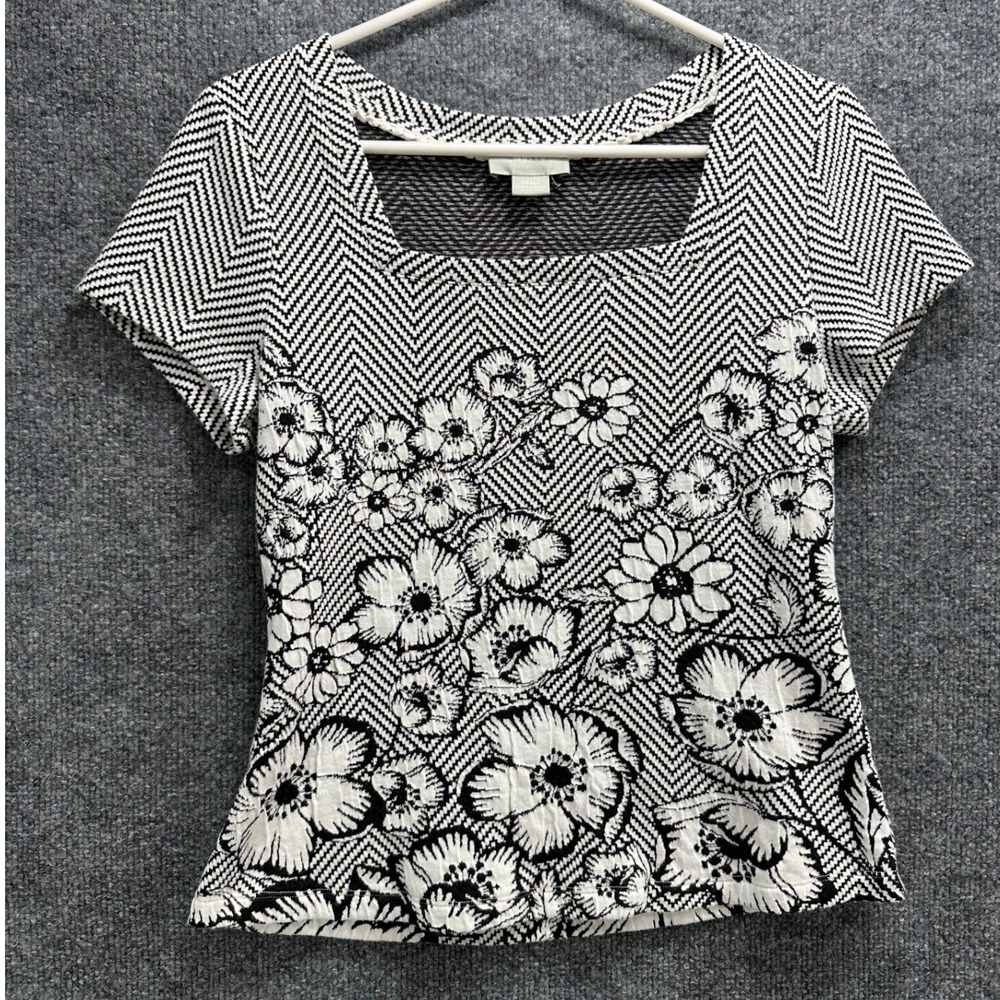 Maeve Anthropologie Women Black White Chevron Floral Square Neck Knit Top Small